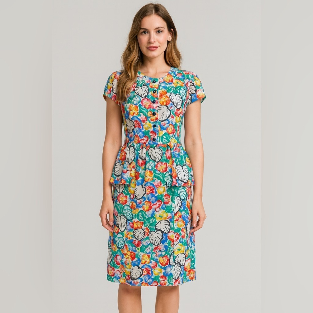 Vintage ALBERT NIPON Silk Peplum Dress Women’s Size 12 Floral Cap Sleeve Multi